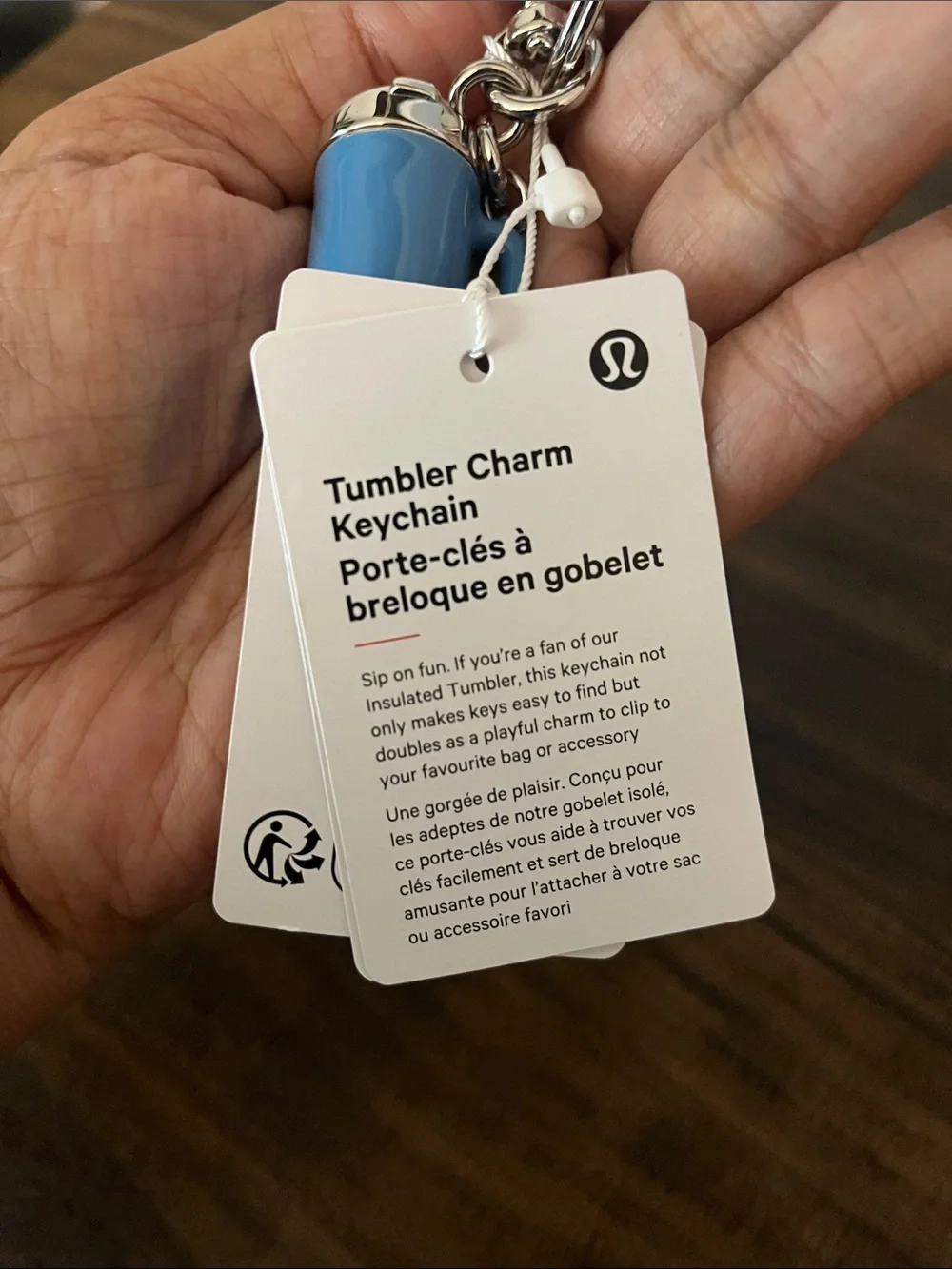 Lululemon Blue Tumbler Charm Keychain with Silver Hardware